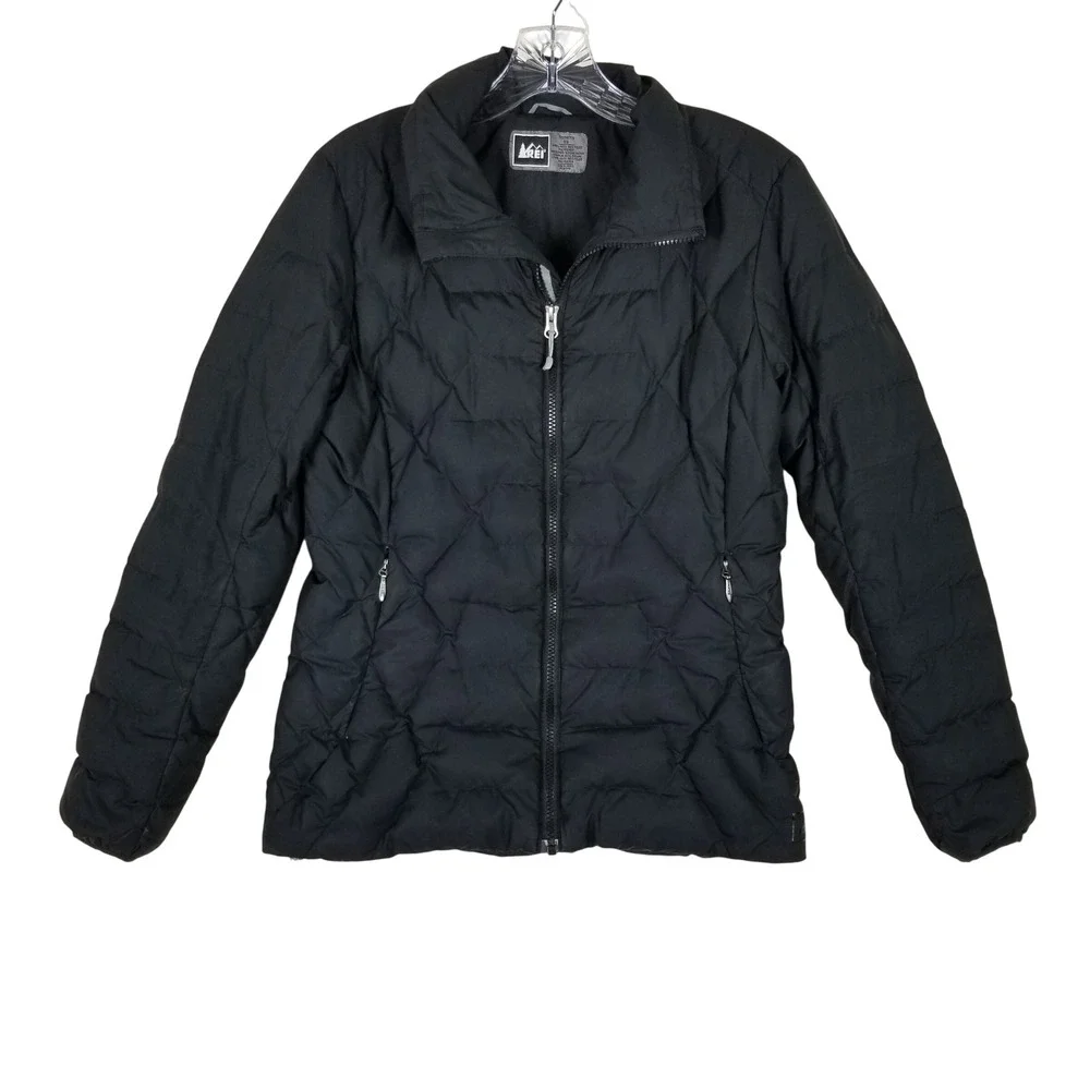 REI Puffer Jacket Women XS Black Goose Down Quilted Full Zip Lightweight Outdoor